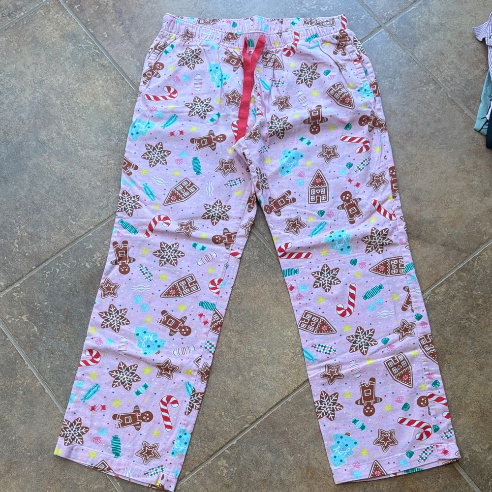 Old Navy Women’s Pajama Bottoms - Pink with Gingerbread and Candy Cane Print